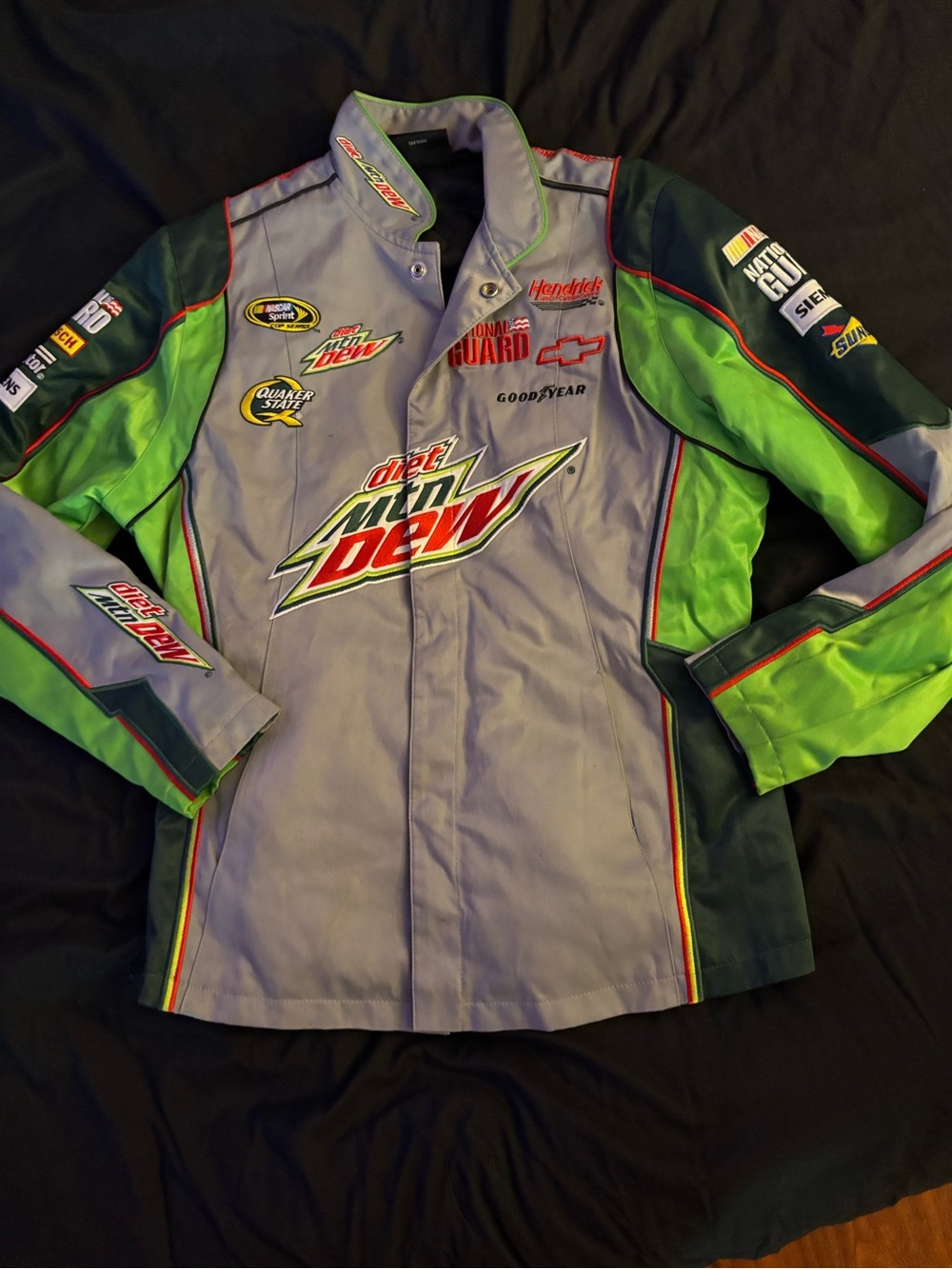 Nascar mens Jacket in Gray and Bright Green with Red Trim